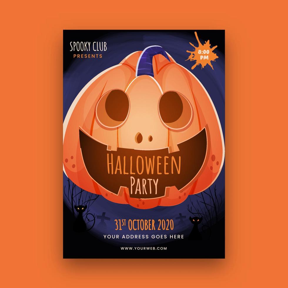 Halloween Party Template or Flyer Design with Spooky Pumpkin and Venue Details. vector