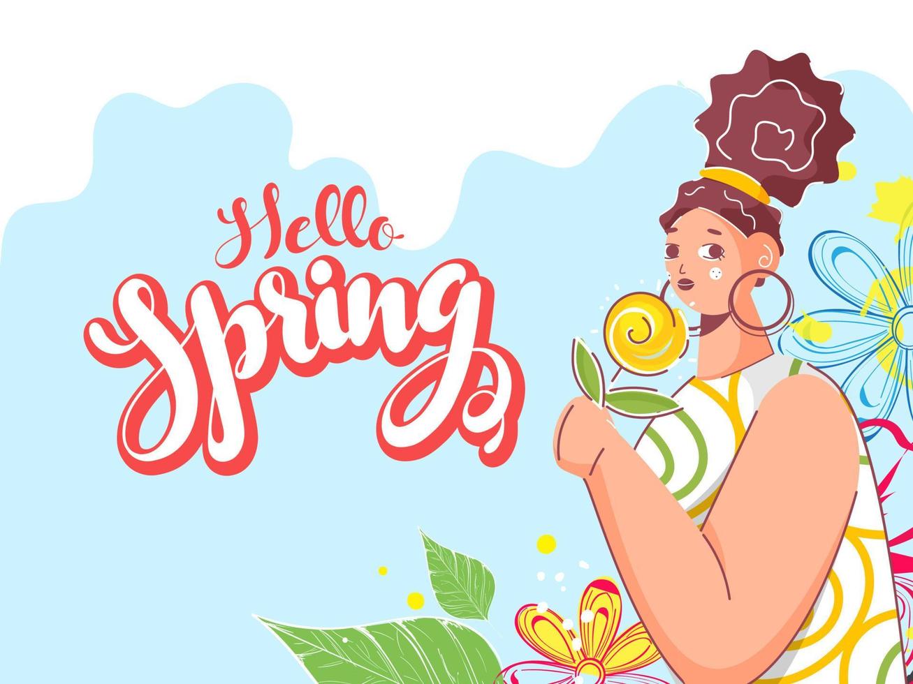 Hello Spring Font with Young Girl holding Flower and Leaves on Abstract Background. vector