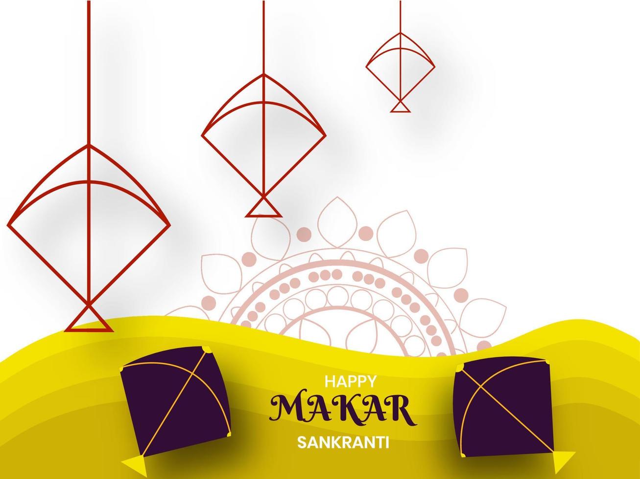 contento makar sankranti texto con cometas ilustración en blanco y oscuro amarillo antecedentes. vector