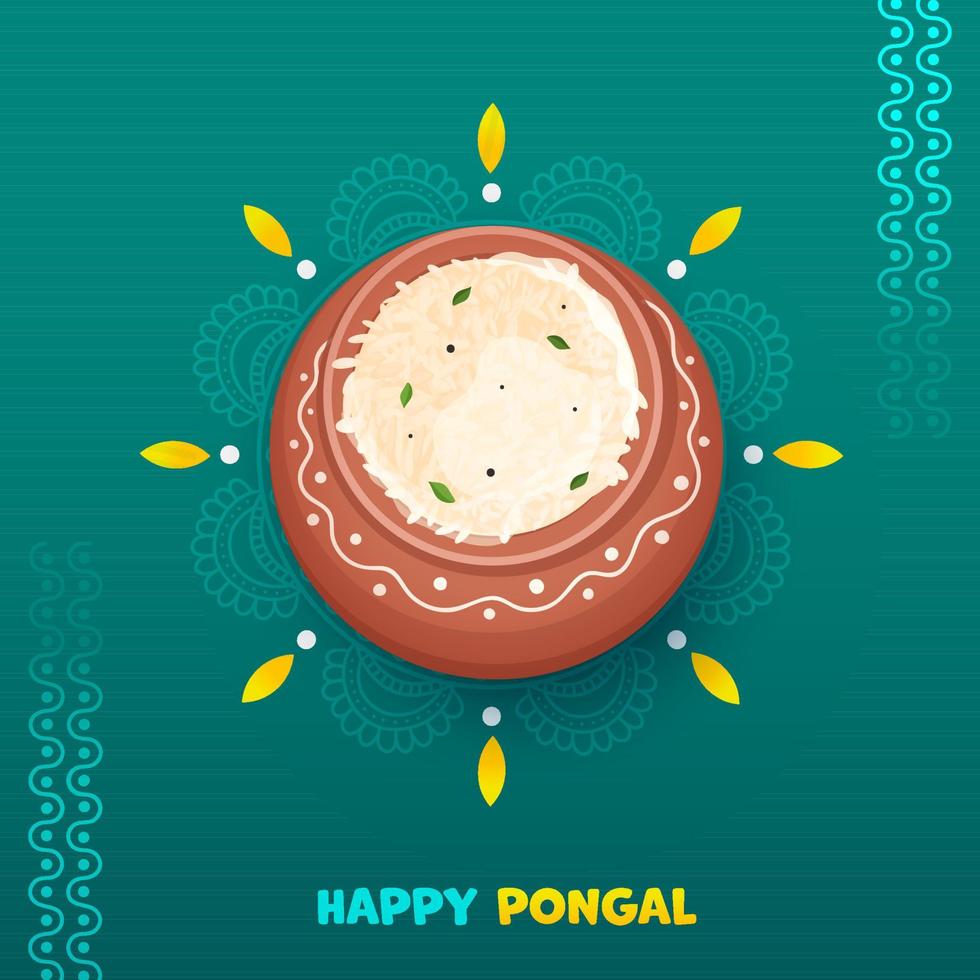 Top View Of Pongali Rice In Mud Pot On Teal Mandala Pattern Background For Happy Pongal Celebration. vector