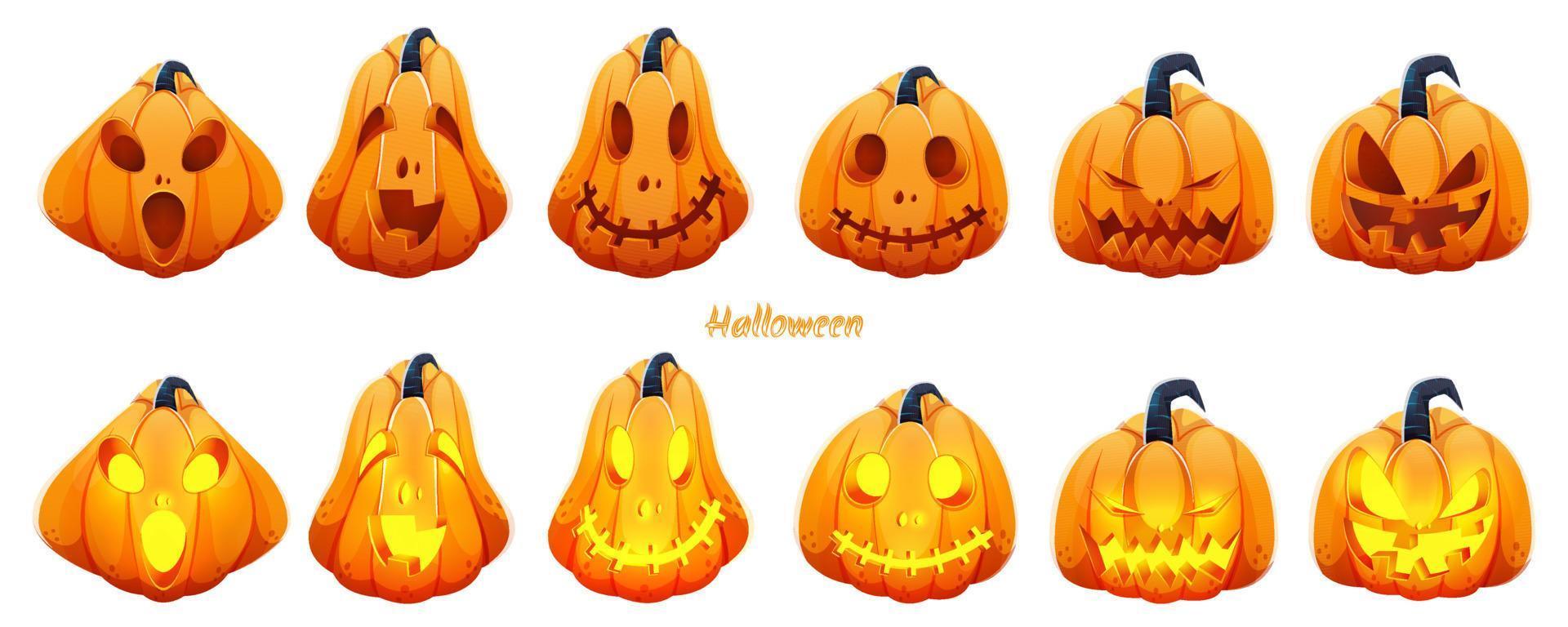 escalofriante Jack-o-lantern conjunto en blanco antecedentes para Víspera de Todos los Santos celebracion. vector