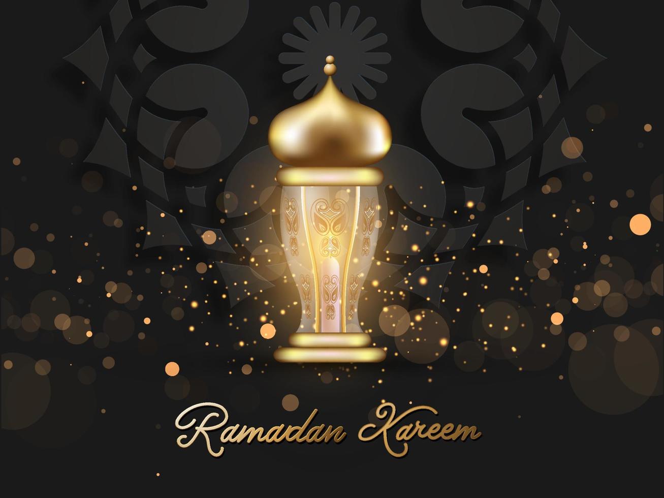 Ramadan Kareem Font with Golden Illuminated Lantern and Bokeh Light Effect on Black Background. vector