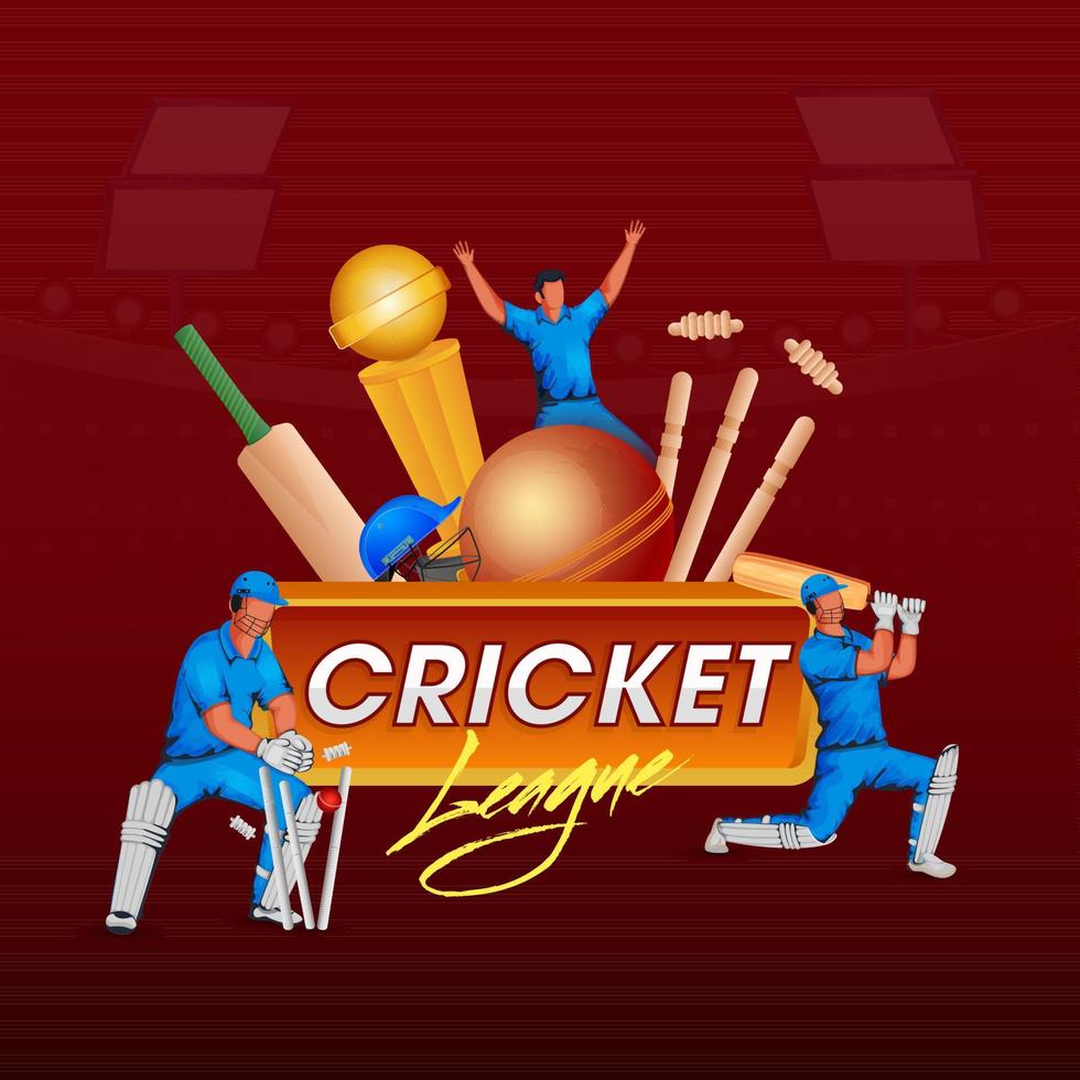 Cricket League Poster Design With Cartoon Players In Action Poses And 3D Equipments On Red Background. vector