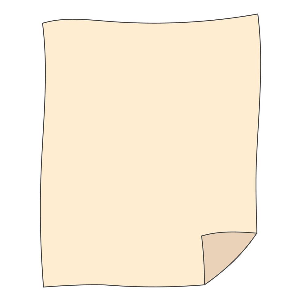 Old sheet of paper cartoon with curled corner, stationery paper letter