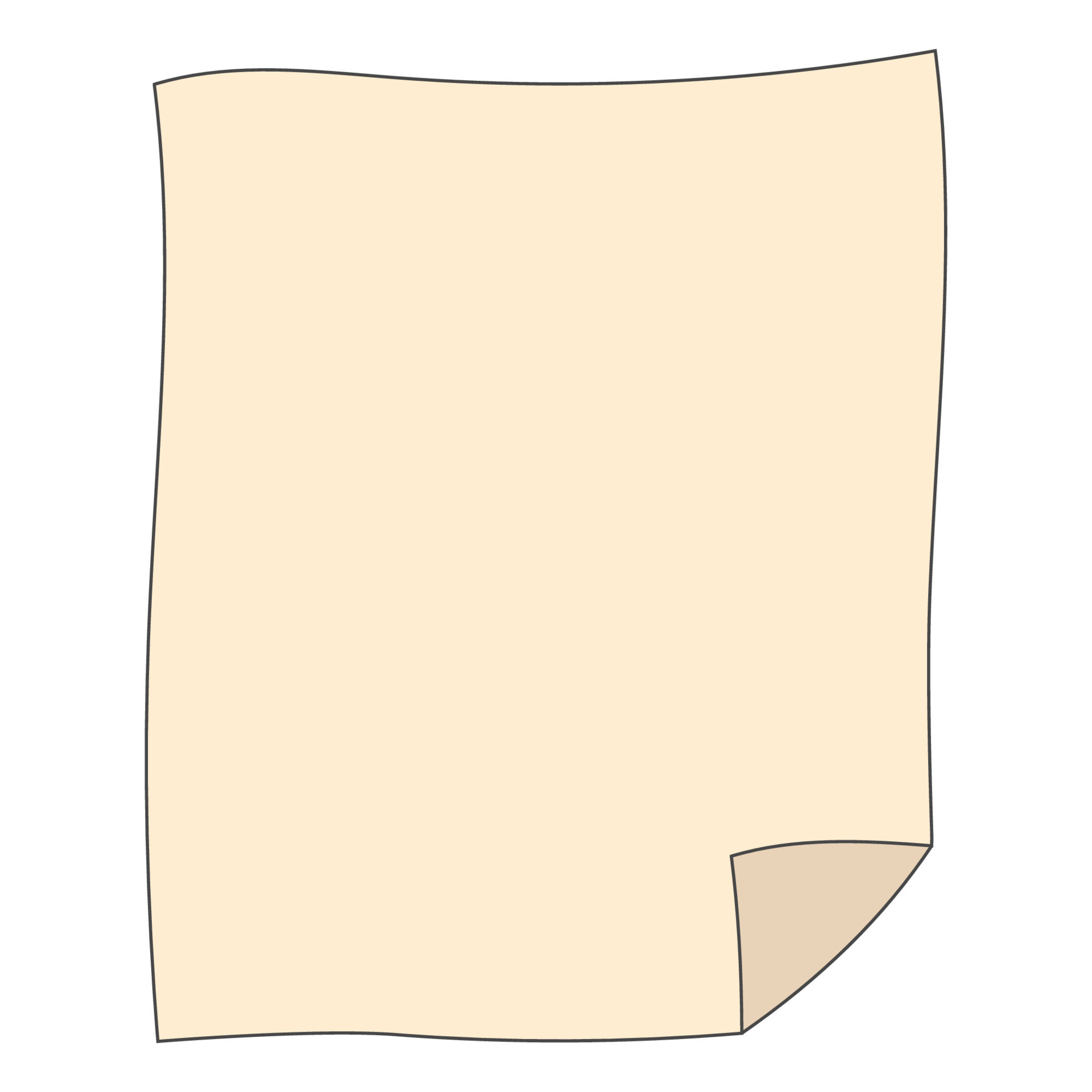 Old sheet of paper cartoon with curled corner, stationery paper letter