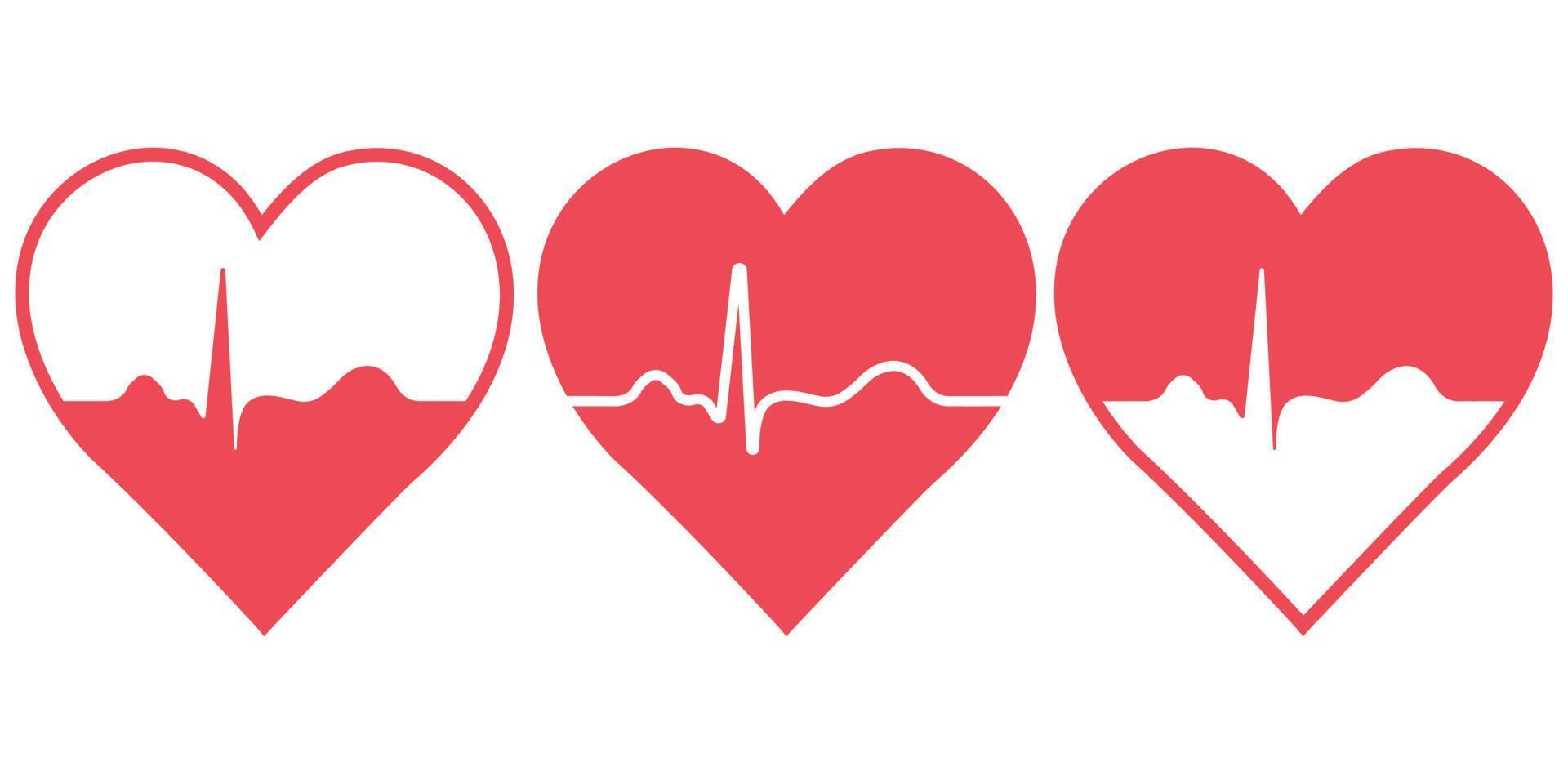 Set of hearts with blood pulse, vector icons symbol of health, sign healthy lifestyle heart in good shape
