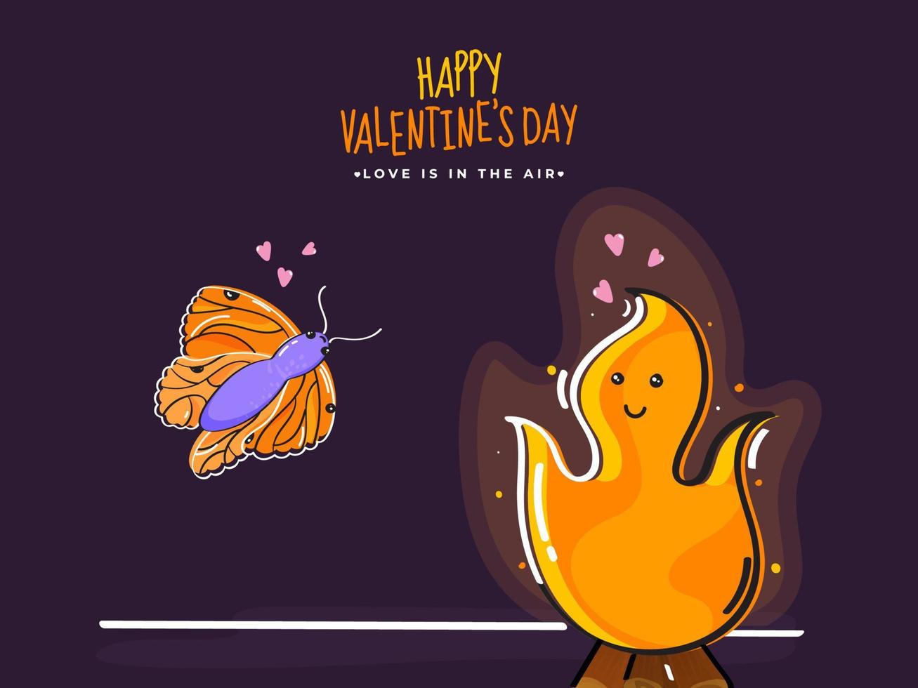 Cartoon Lover Butterfly and Bonfire in Love is in the air on Purple Background for Happy Valentine's Day Concept. vector