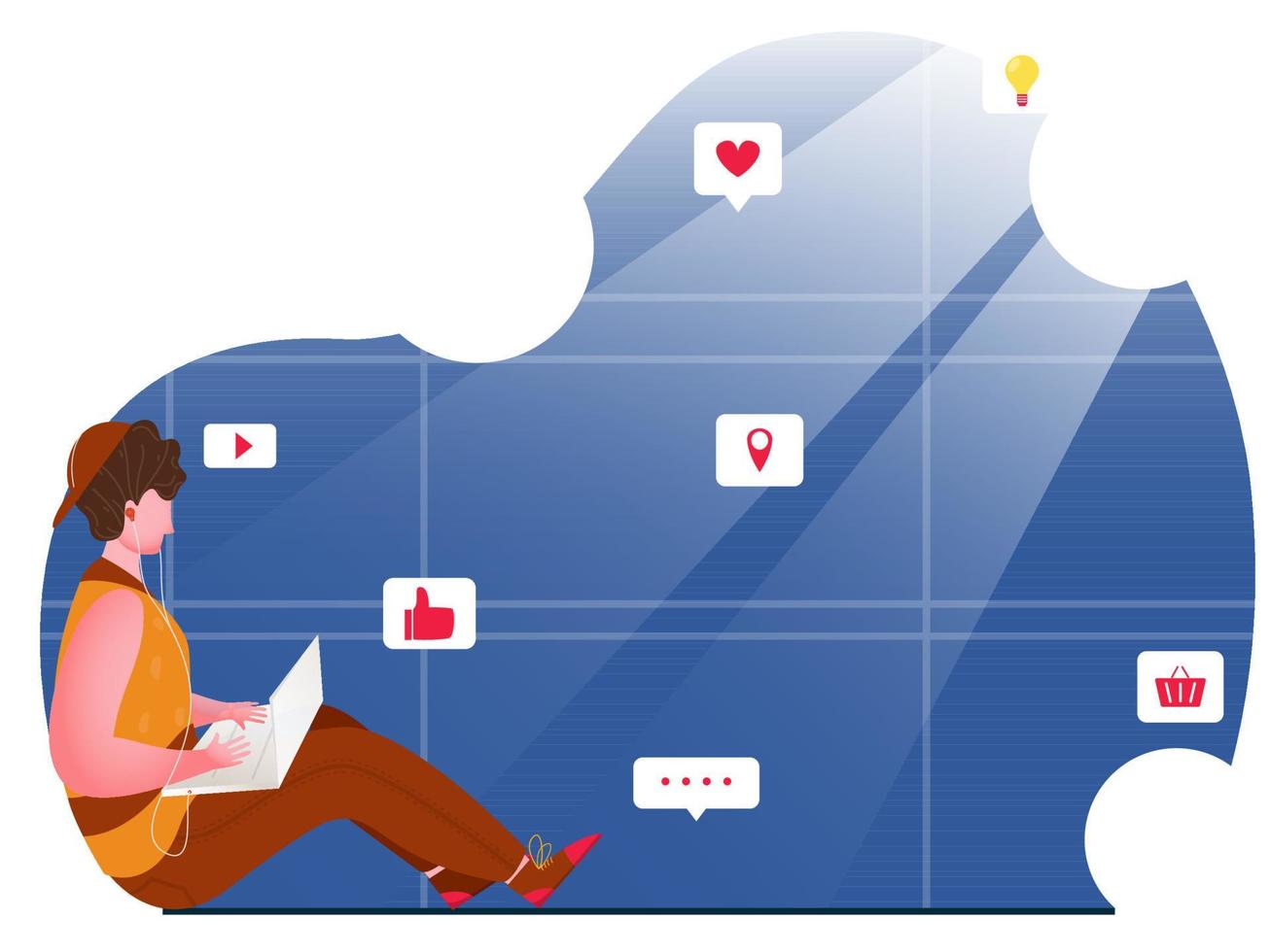 Faceless Man Using Laptop with Online Social Media App on Abstract Blue Background. vector