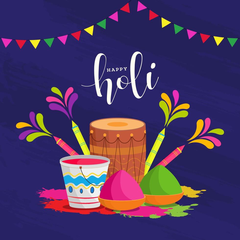Happy Holi Poster Design with Illustration of Drum, Water Guns, Color Bowls and Bucket on Purple Texture Background. vector