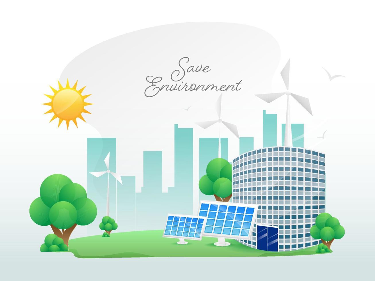 Illustration of Urban Building with Solar Panels, Windmills and Green Trees on Sun Background for Save Environment Concept. vector