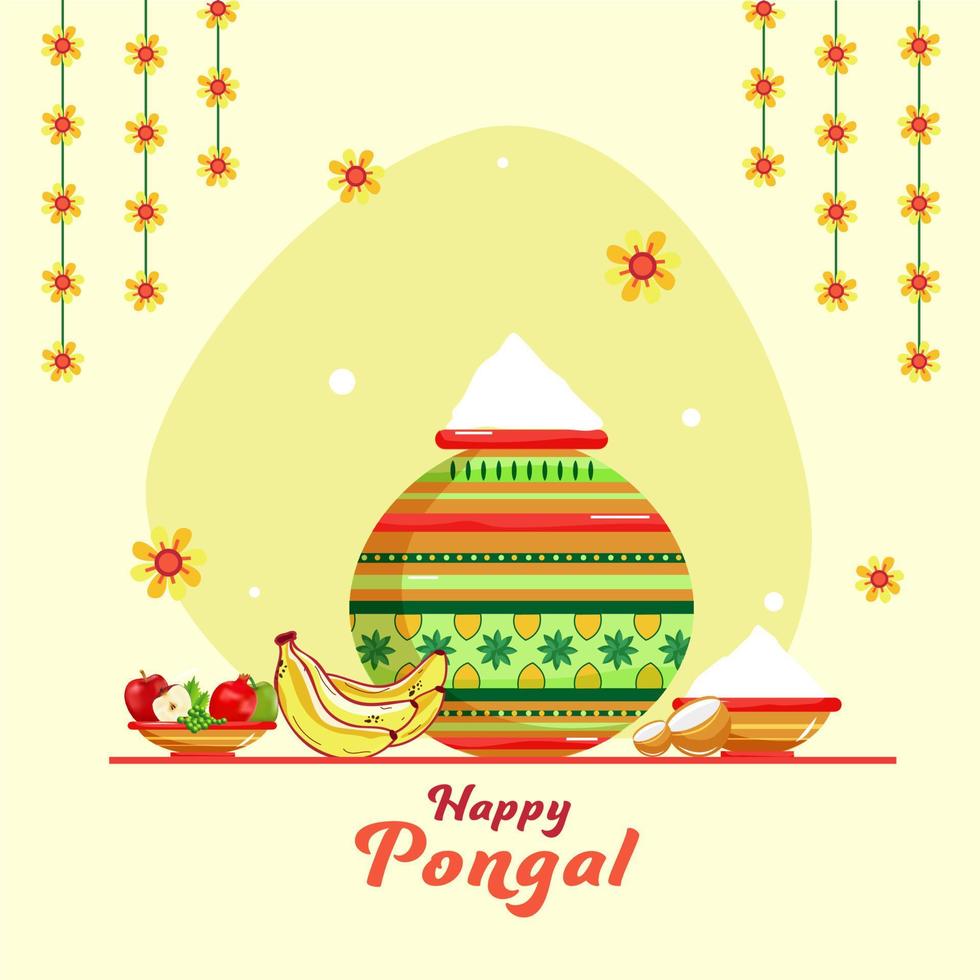 contento pongal celebracion concepto con arroz barro maceta, frutas y flor guirnalda decorado en amarillo antecedentes. vector