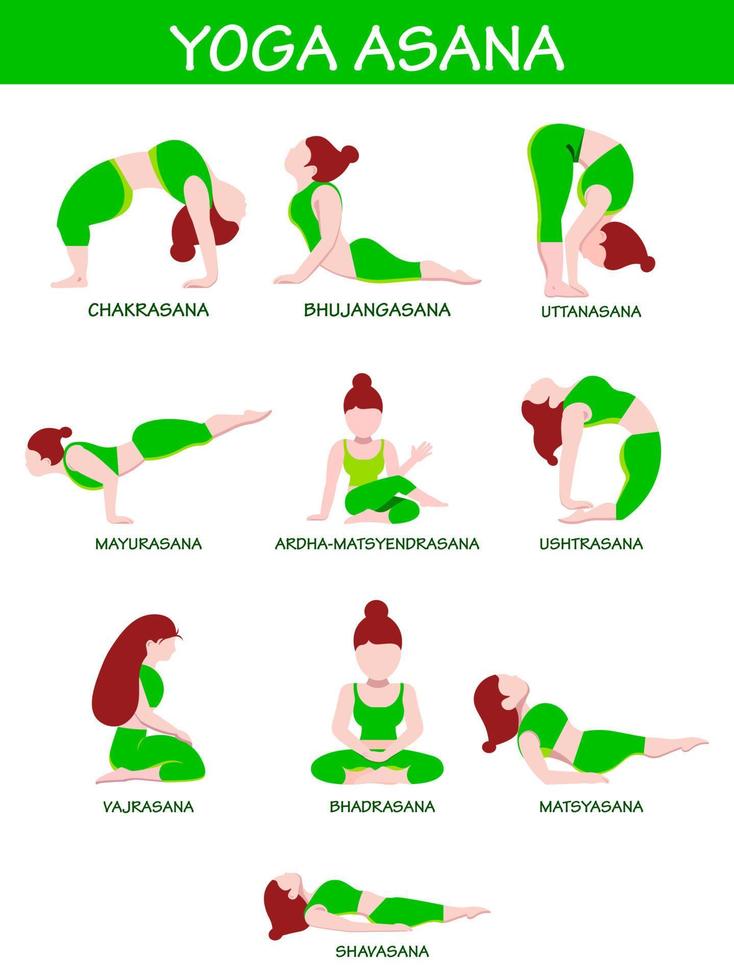 conjunto de sin rostro joven mujer dibujos animados personaje en diferente yoga asana pose. vector