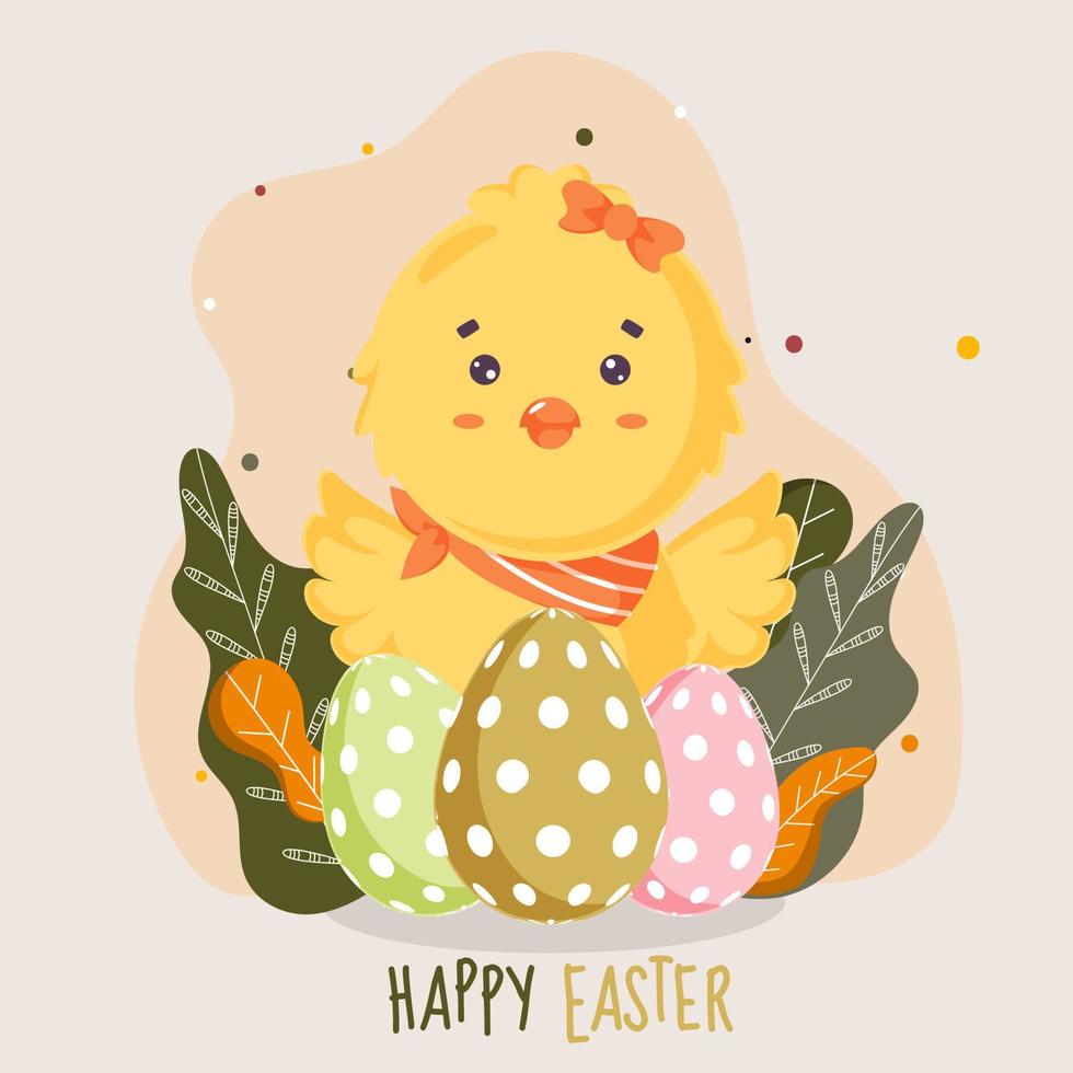 Happy Easter Celebration Concept with Cute Chick, Eggs and Leaves on White Background. vector