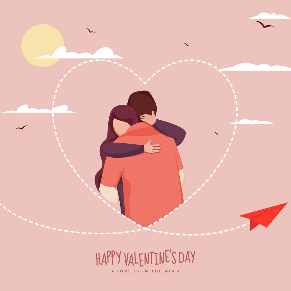 Faceless Lover Couple Hugging in Heart Shape Made by Paper Plane on Sunny Pastel Pink Background for Happy Valentine's Day, Love is in the air concept. vector