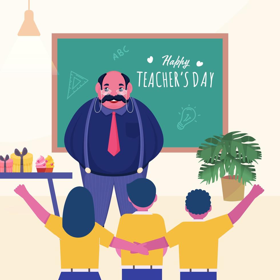 Happy Teacher's Day Text on Green Chalkboard with Cheerful Students and Teacher Man Character in Classroom. vector