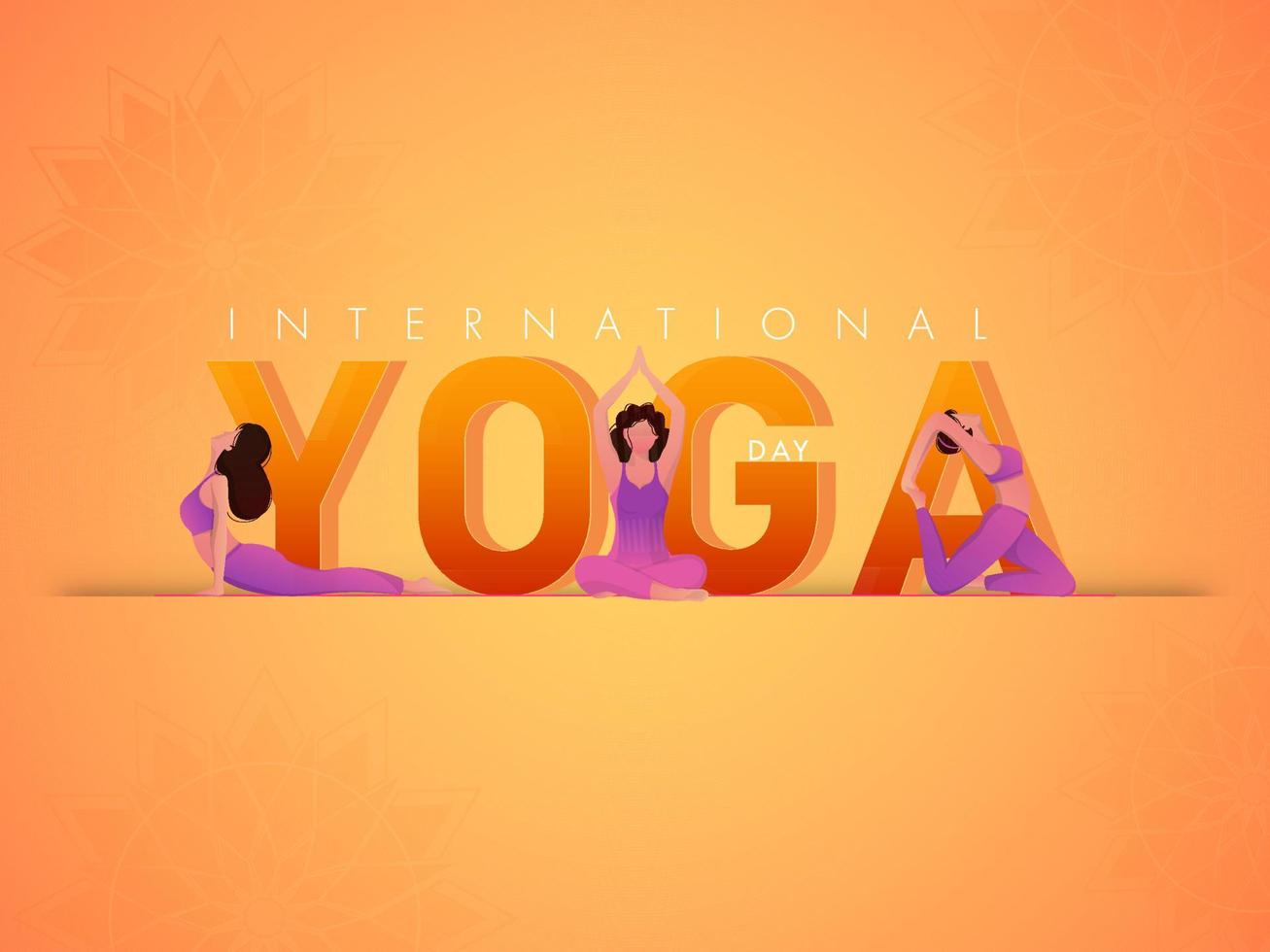 internacional yoga día concepto con dibujos animados joven muchachas practicando yoga en diferente poses en degradado naranja flor antecedentes. vector