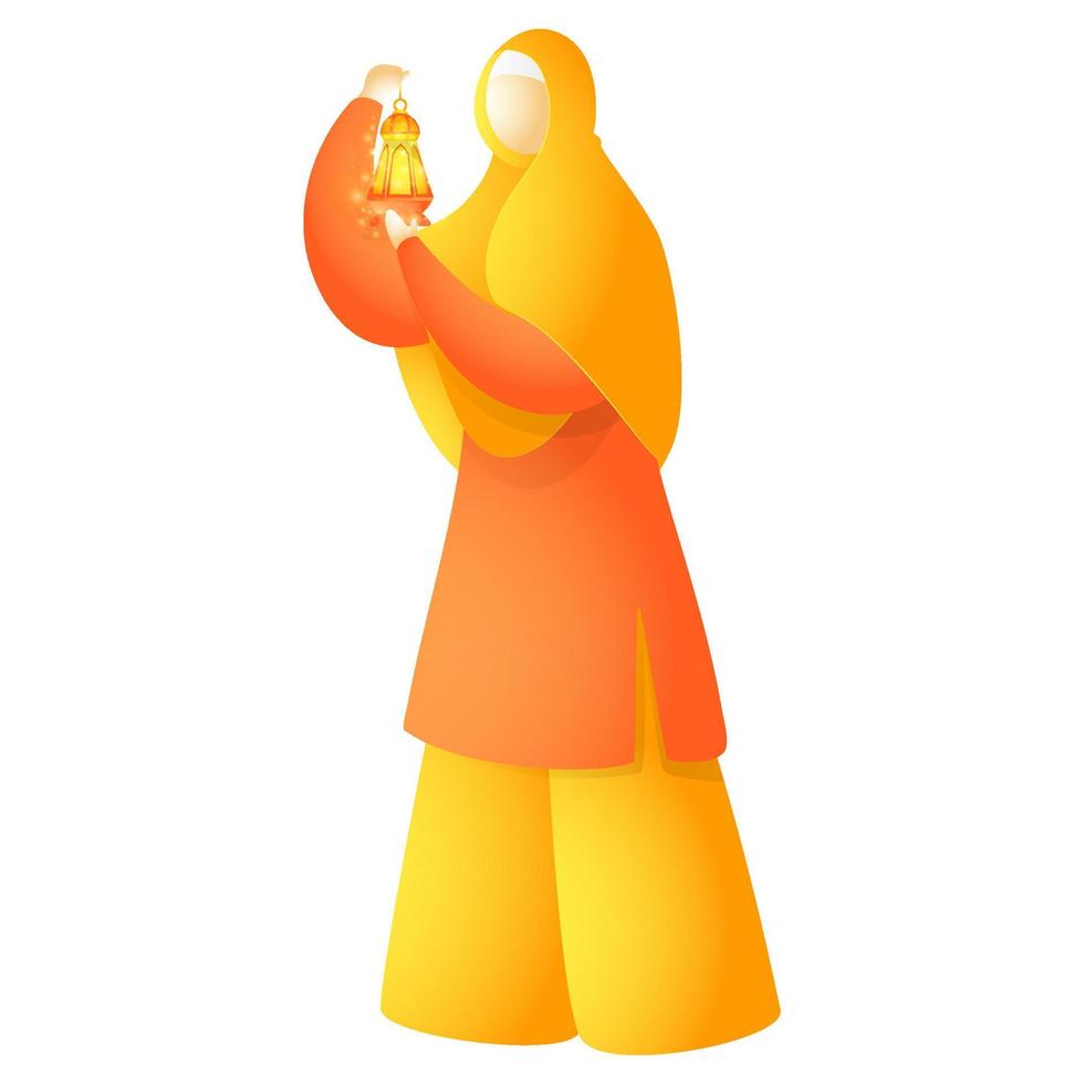 Cartoon Muslim Woman holding Illuminated Lantern in Standing Pose. vector