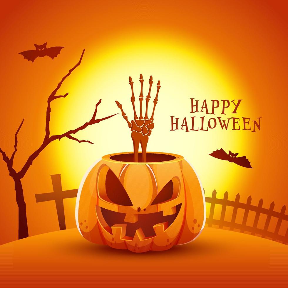 Illustration of Jack-O-Lantern with Skeleton Hand, Bats Flying, Bare Tree, Graveyard and Fence on Orange Full Moon Background for Happy Halloween. vector