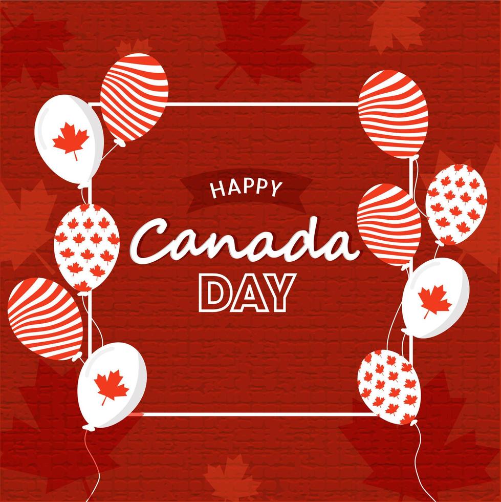 Happy Canada Day Font with National Flag Color Balloons Decorated on Red Brick Wall Background. vector