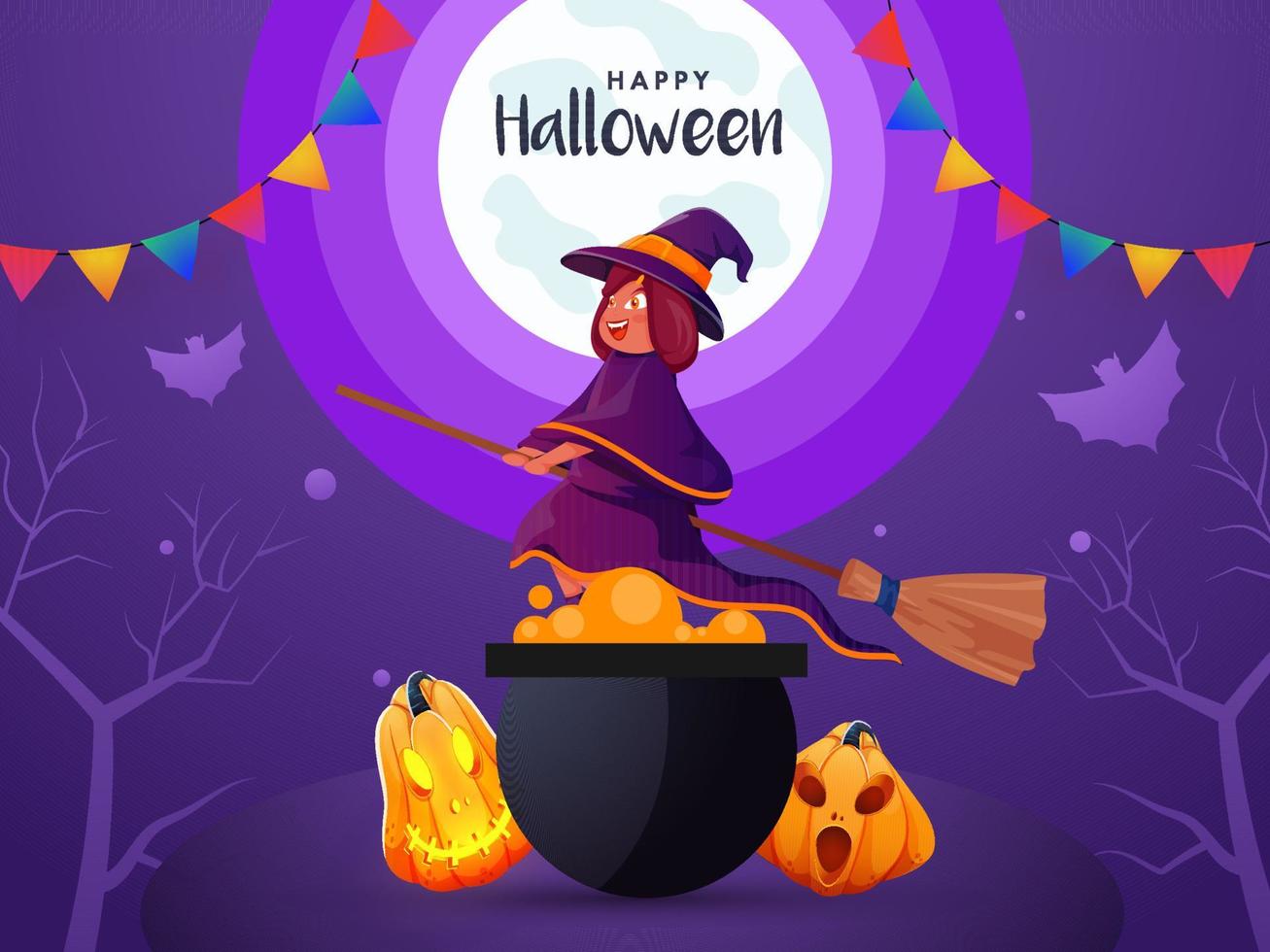 Halloween Full Moon Background With Witch Flying At Broomstick, Jack-O-Lanterns And Cauldron Illustration. vector