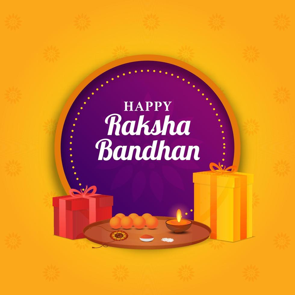 contento raksha Bandhan fuente en púrpura circular marco con Adoración plato y regalo cajas en naranja antecedentes. vector