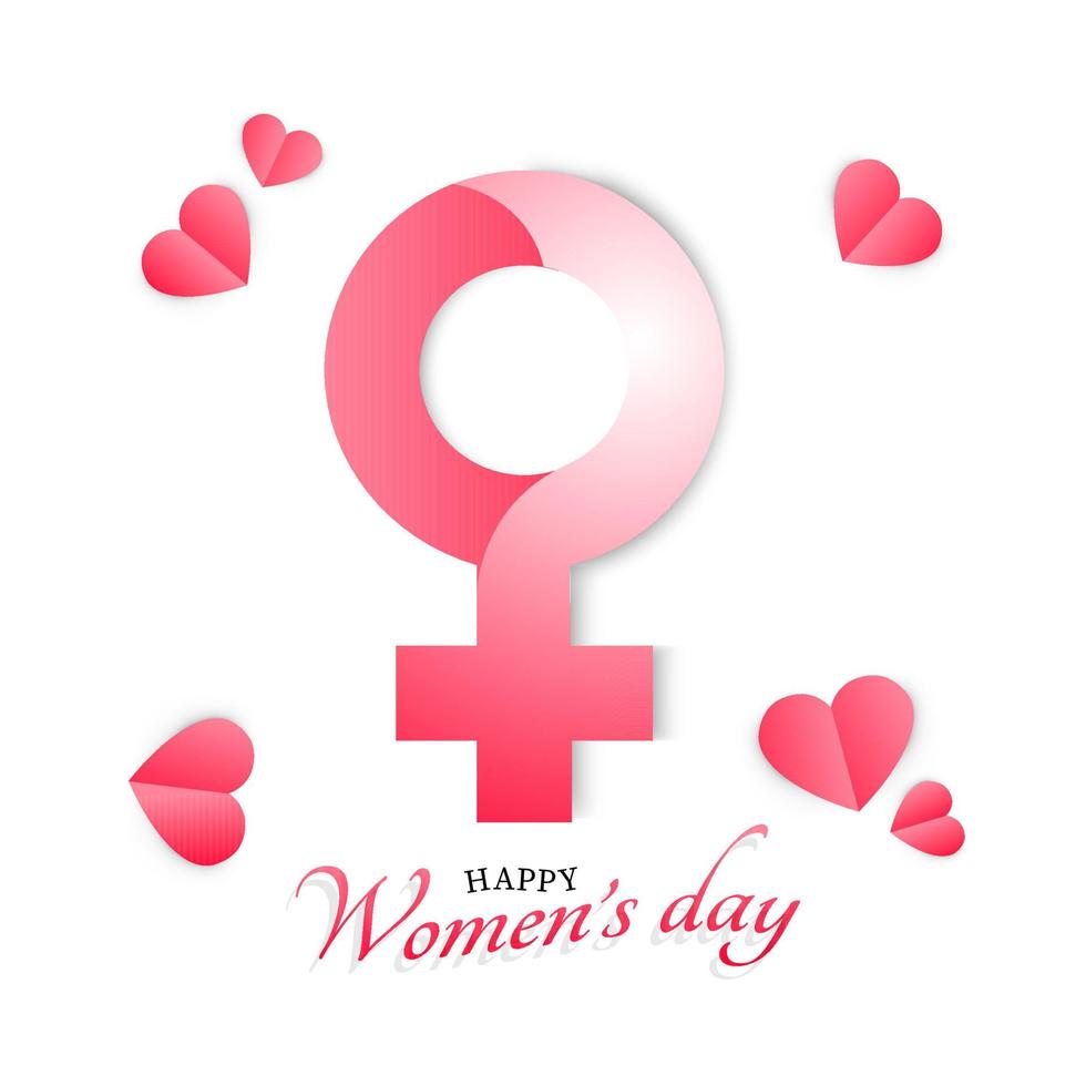 Female Gender Sign and Paper Hearts Decorated on White Background for Happy Women's Day. vector