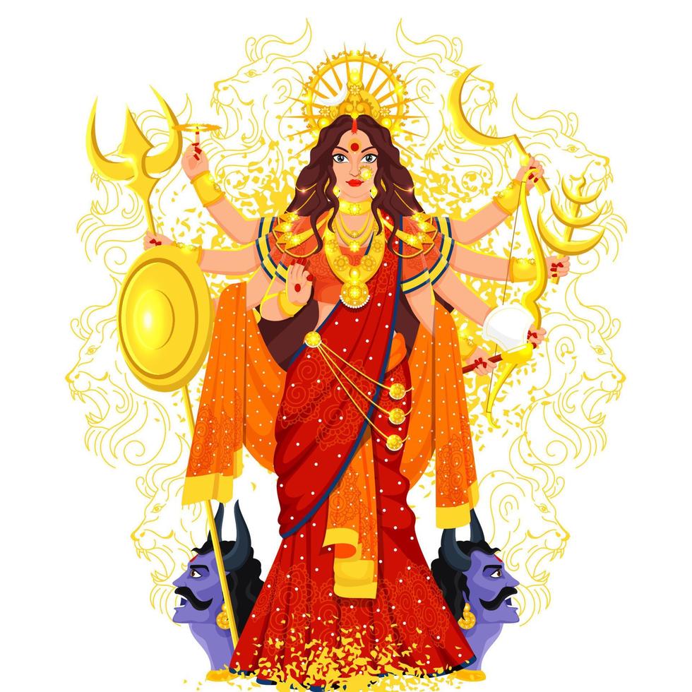 Hindu Mythology Goddess Durga Maa with Mahishasura Face and Yellow Noise Grunge Effect on Line Art Lion Pattern Background. vector