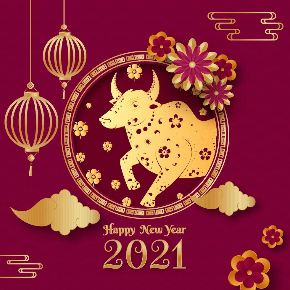 Golden 2021 Happy New Year Text with Chinese Zodiac Ox, Paper Clouds, Flowers and Hanging Lanterns on Dark Pink Background. vector