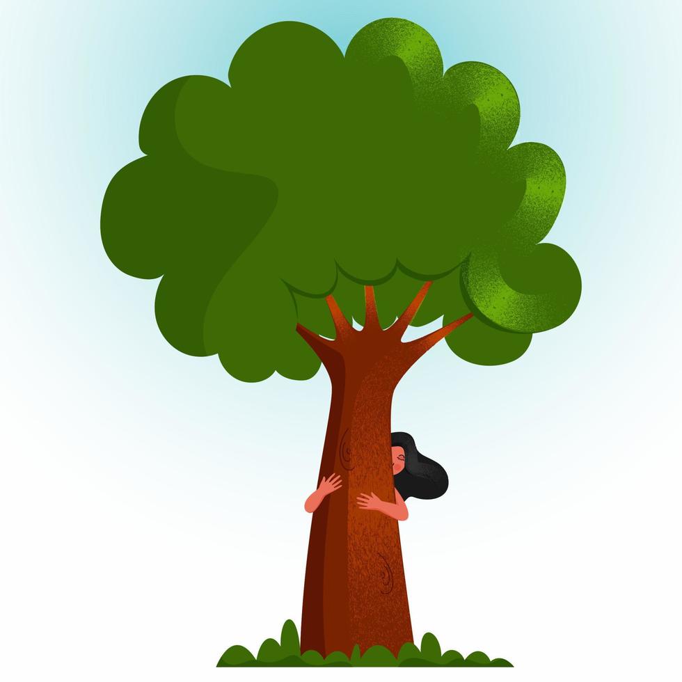 Cartoon Female Hugging a Big Tree on White and Sky Blue Background. vector