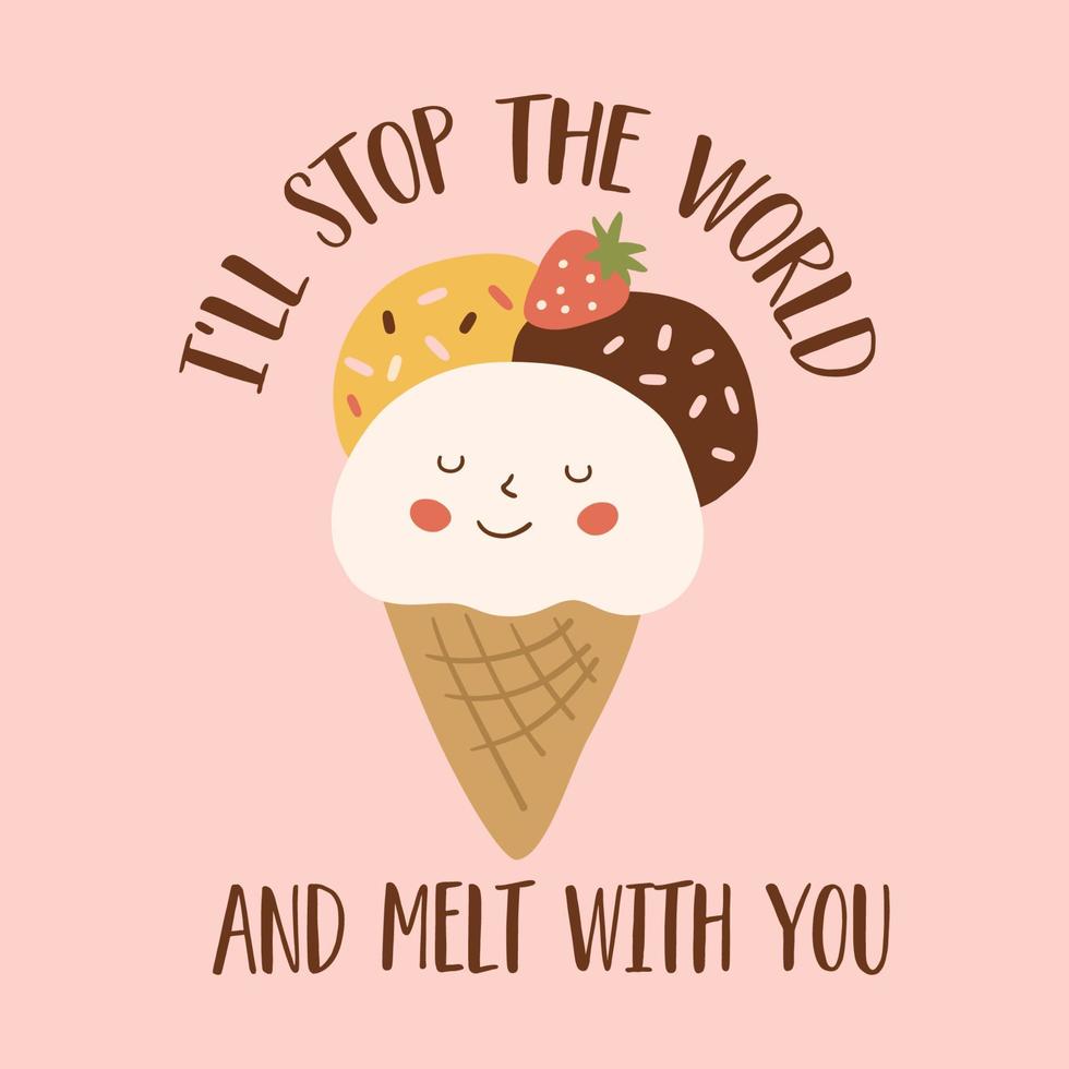 hielo crema frase inspirador citar acerca de hielo crema y amor. rosado kawaii hielo crema póster fresa hielo crema encantador texto vector ilustración t camisa tarjeta san valentin día refranes positivo estilo de vida.