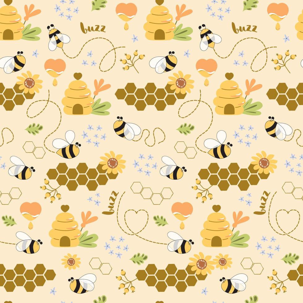 Sweet honey seamless pattern Cute bees, tasty healthy honey, bee hive, flower, honeycomb. Beige colored hand drawn trendy vector illustration. Beekeeping wallpaper, apiary concept. Cartoon style.