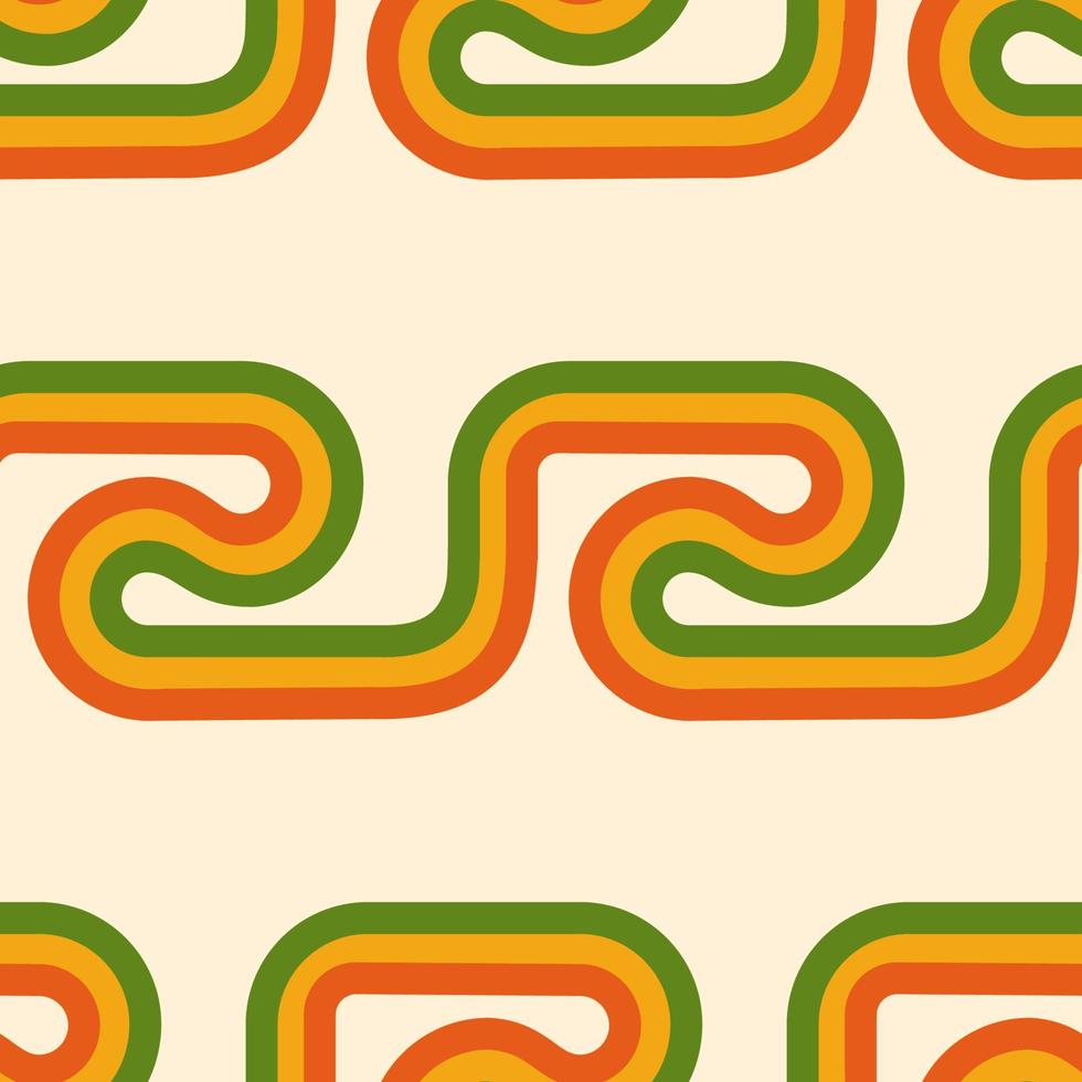 Retro 70s geometric seamless pattern. Vintage multi repeat vector background, groovy striped print. Abstract geometric circles and line 60s, 70s surface design, fabric, paper, stationery, card, banner