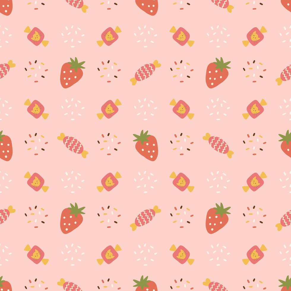 Pink sweet candies pattern. Confetti, strawberry, candy seamless background. Sweet baby girl print, textile, fabric, wallpaper vector design. Cartoon lovely illustration for baby, kids party wallpaper