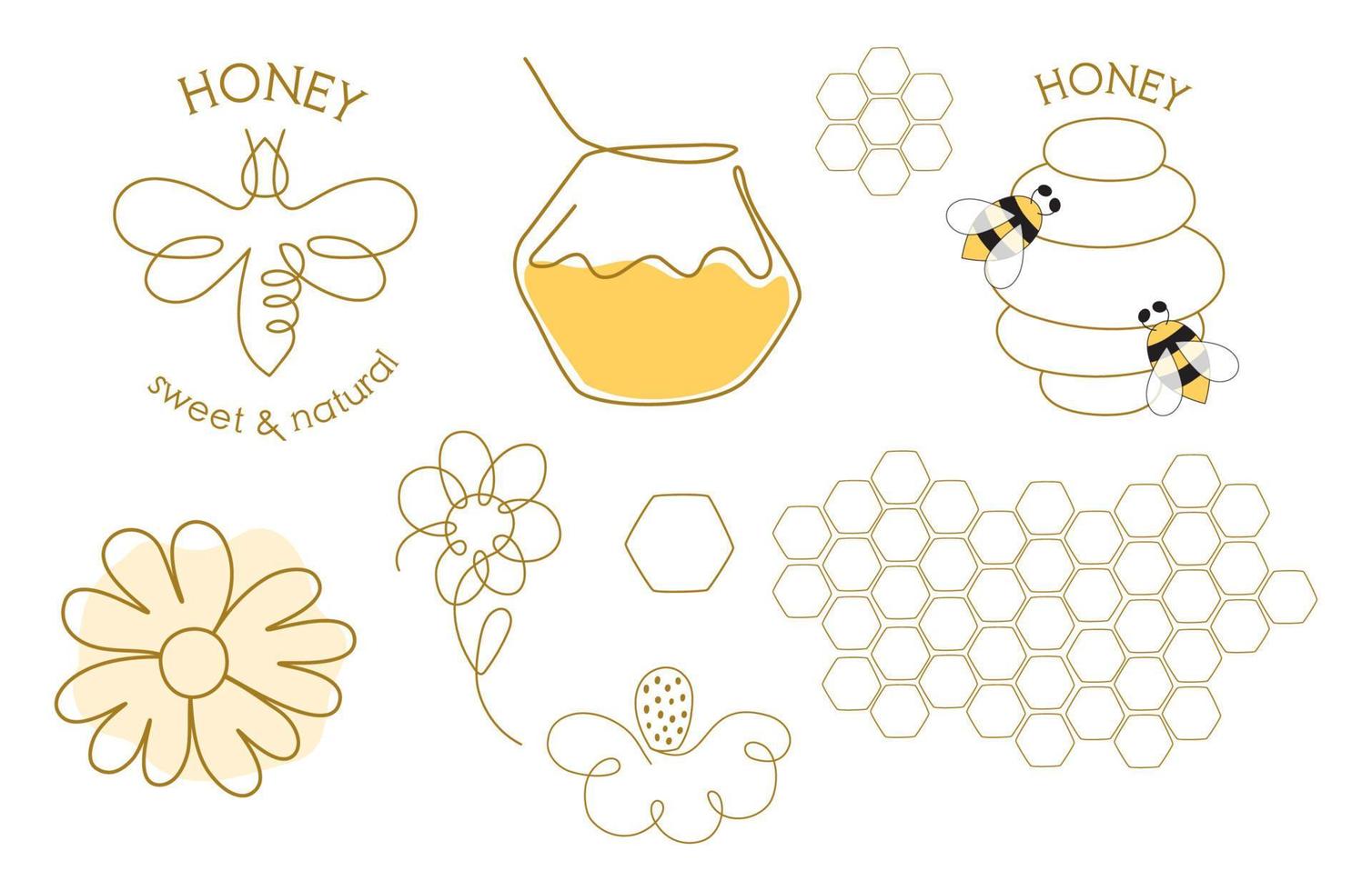 One line honey bee logo set. Single continuous line drawing icons flowers, honey bee, bee jar, beehive honeycomb in one continuous line. Minimalist linear sketch isolated element. Vector illustration.