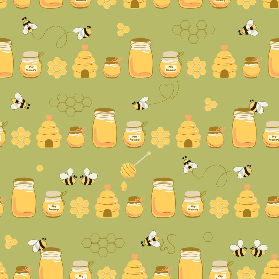 Nartural honey jar background. Sweet honey on green seamless pattern. Bees, beehive, honeycomb, sweet honey packaging design, organic food wallpaper, cover. Hand drawn vector illustration.
