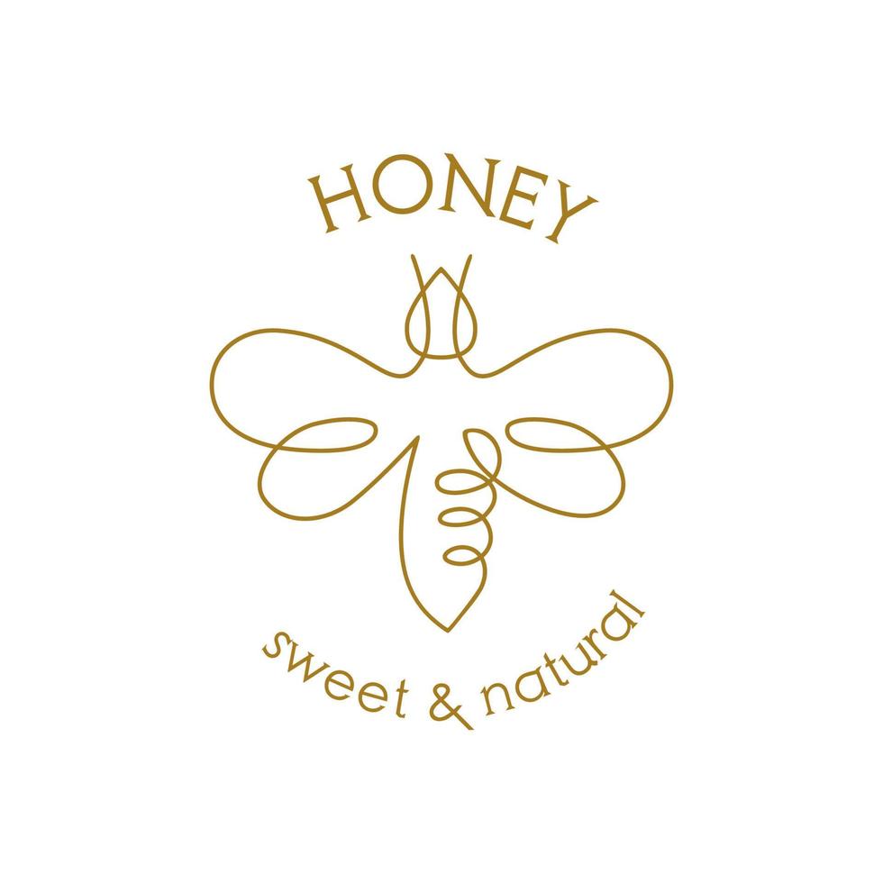Bee one line draw. Bee one continuous line drawing logo. Honey brand identity. Gold bee icon. Farm symbol. Vector design graphic illustration. Beekeeping concept. Sweet and natural honey text.