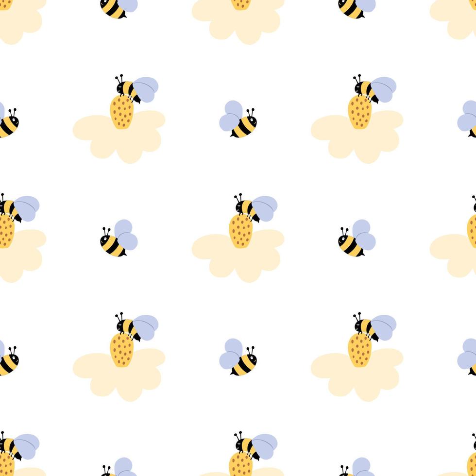 Bee flower pattern. Cute honey bee on flower, meadow floral seamless pattern. Cute cartoon flying bees summer background. Vector illustration. Cute floral pattern. Honey bumblebee childish design.