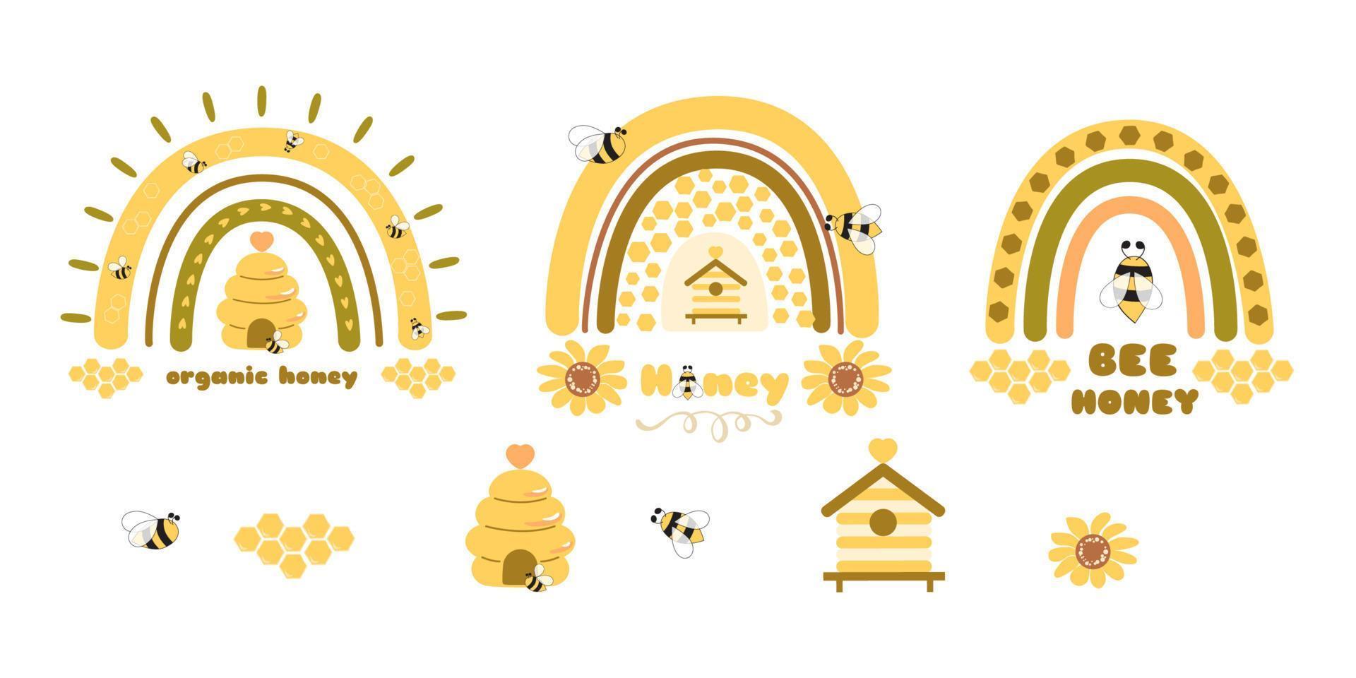 Honey pot bee rainbow element. Honey jar, bee, sweet honey beekeeping graphic element isolated. Cute bee honey organic logo. Vector illustration. Summer bee rainbow design, baby print yellow rainbow