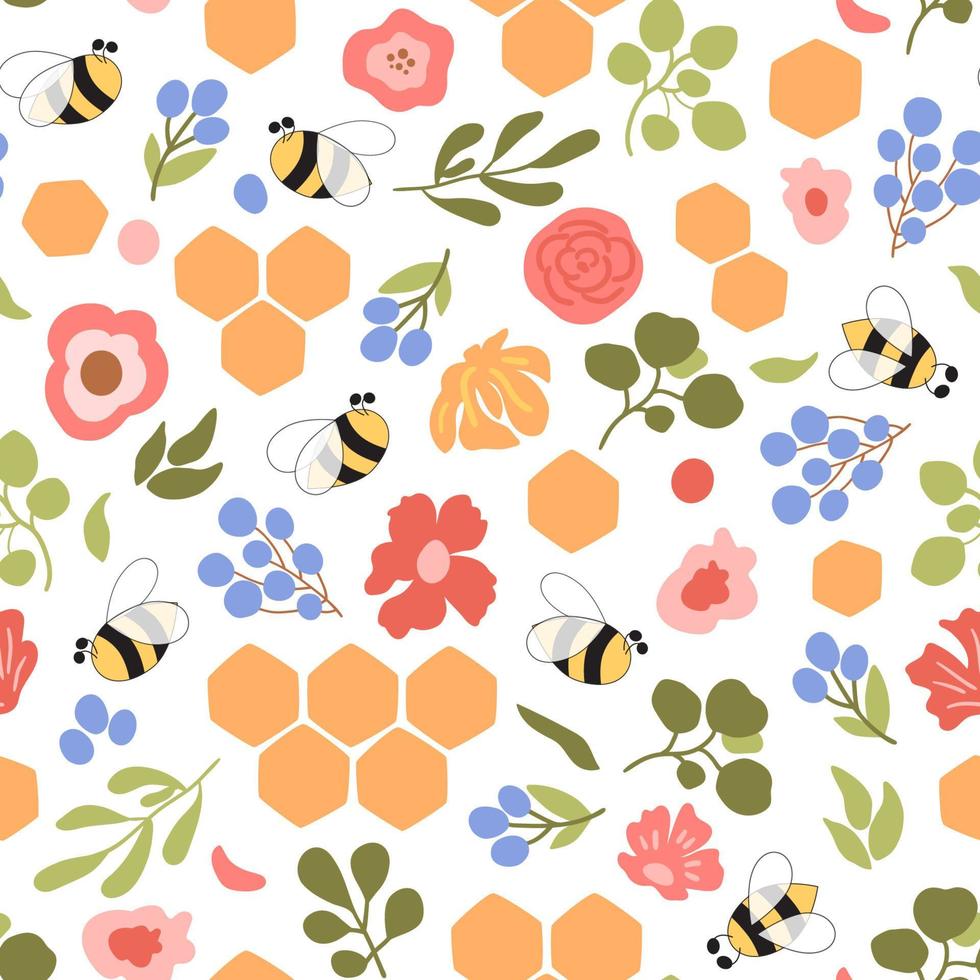 Floral honeycomb pattern. Bee honey pattern Bee seamless pattern. Cute hand drawn summer meadow flowers bee honeycomb background. Hand drawn honey template. Vector illustration. Floral bee print.