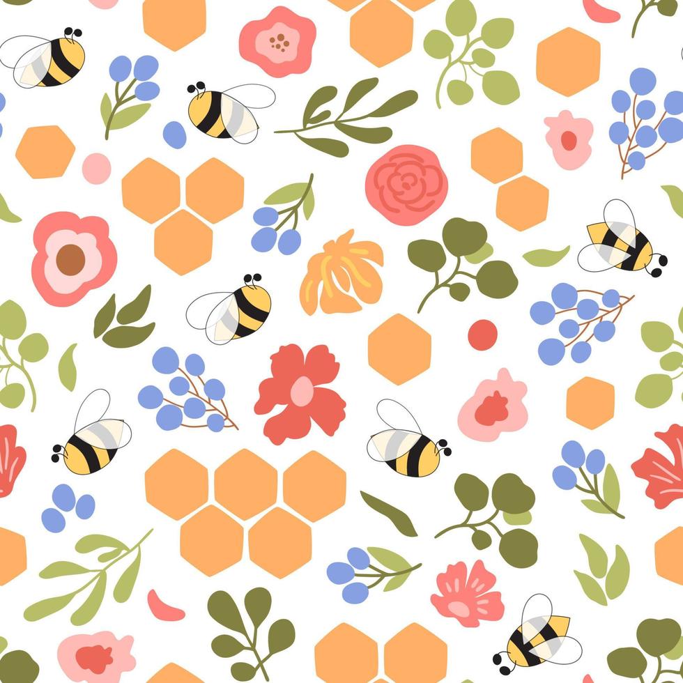 Floral honeycomb pattern. Bee honey pattern Bee seamless pattern. Cute hand drawn summer meadow flowers bee honeycomb background. Hand drawn honey template. Vector illustration. Floral bee print.