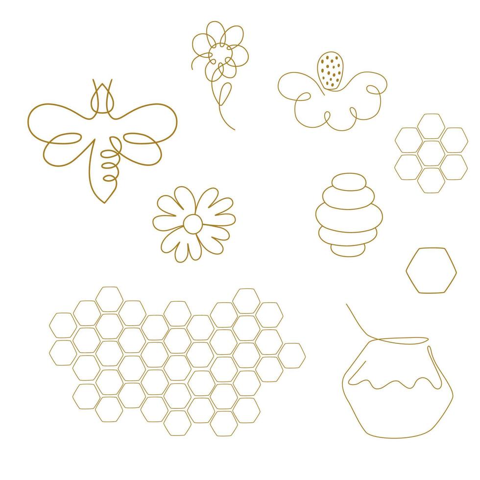 One line honey bee logo set. Single continuous line drawing icons flowers, honey bee, bee jar, beehive honeycomb in one continuous line. Minimalist linear sketch isolated element. Vector illustration.