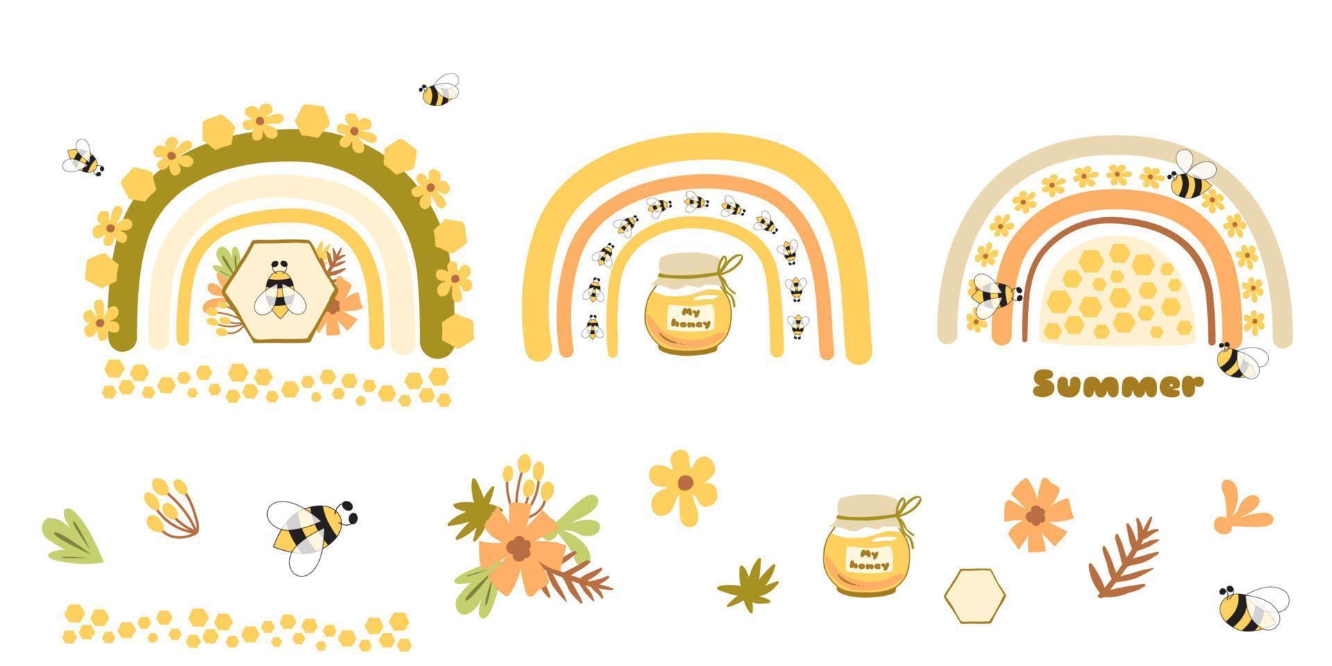 Honey pot bee rainbow element. Honey jar, bee, sweet honey beekeeping graphic element isolated. Cute bee honey organic logo. Vector illustration. Summer bee rainbow design, baby print yellow rainbow