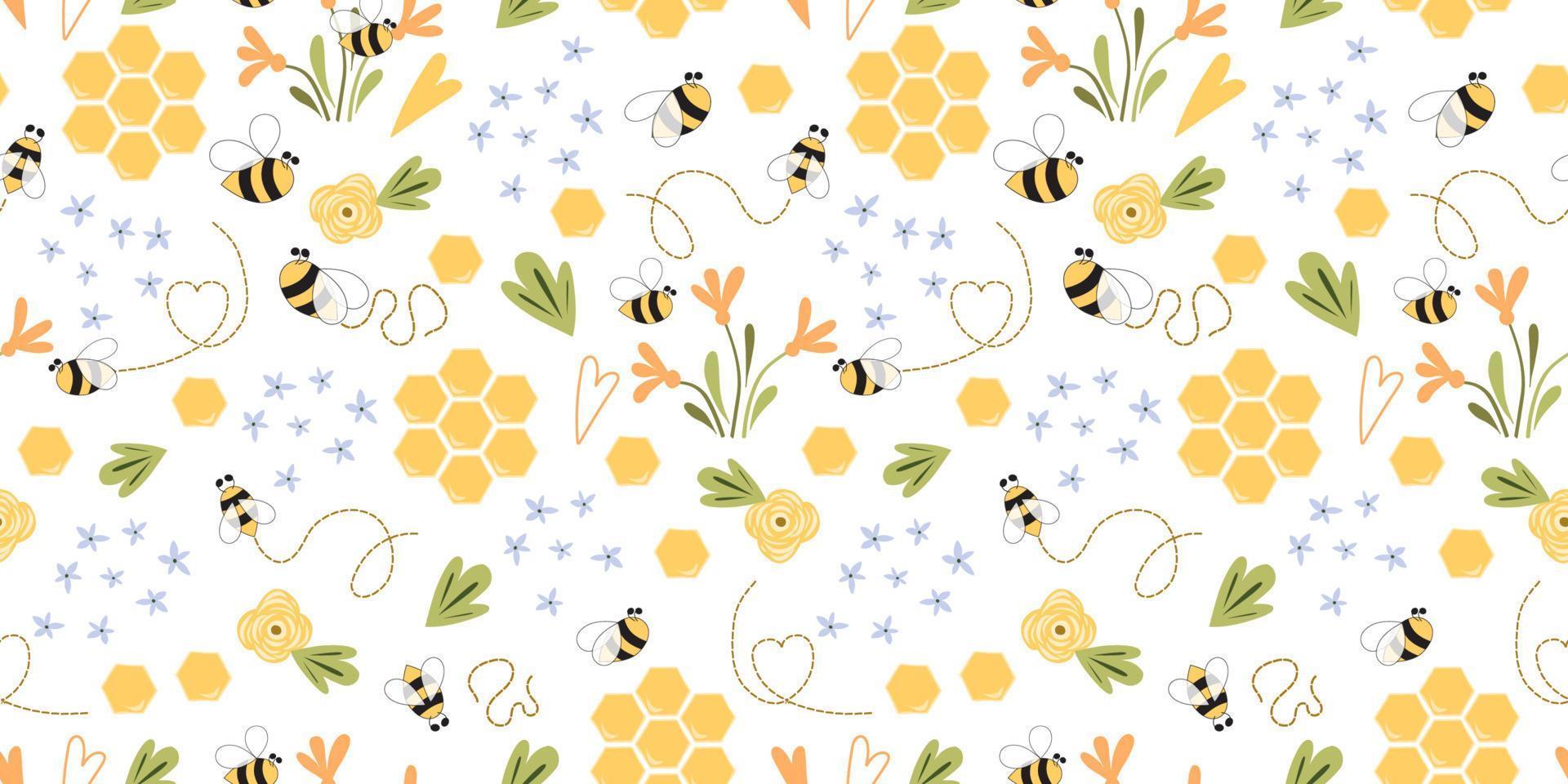Bee honey pattern Bee seamless pattern Cute hand drawn summer meadow flowers, bee honeycombe background Hand drawn honey templates. Kids fabric design. Summer illustration. Floral sweet bees print. vector