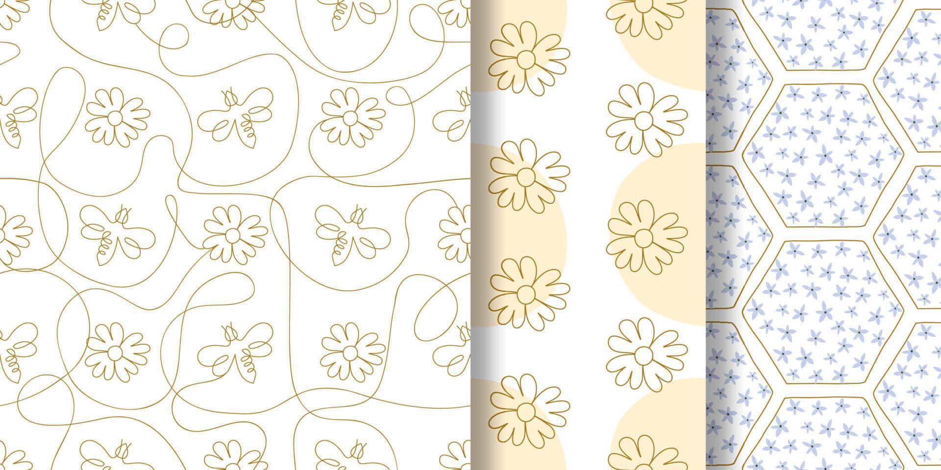 Single continuous line drawing floral pattern set. Summer flower honey bee repeated background. Sunflower in one continuous line. Minimalist linear sketch summer background. Vector illustration.