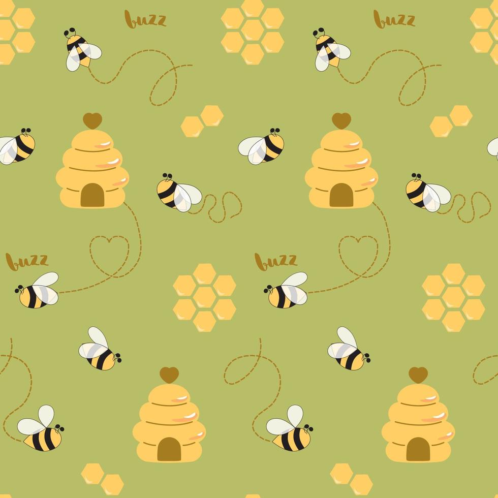 abeja dulce miel modelo abeja sin costura modelo linda mano dibujado Colmena, abeja panal antecedentes en verde. mano dibujado miel plantillas. niños tela diseño, fondo de pantalla. verano vector ilustración.