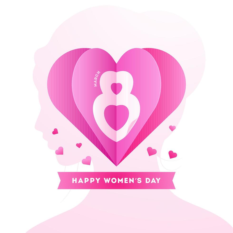 Creative 8 March Text with Paper Cut Style Heart on Silhouette Young Lady for Happy Women's Day. vector