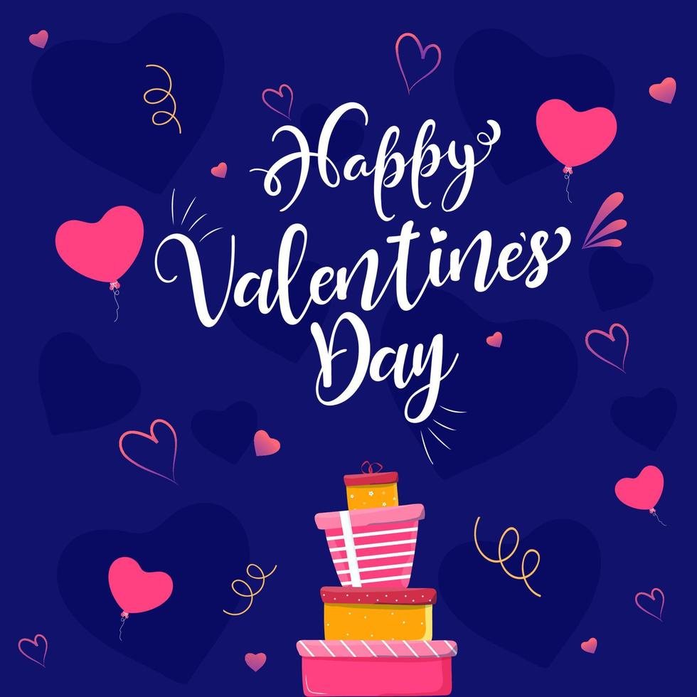 White Calligraphy of Happy Valentine's Day with Pink Heart Balloons and Gift Boxes Decorated on Blue Background. vector