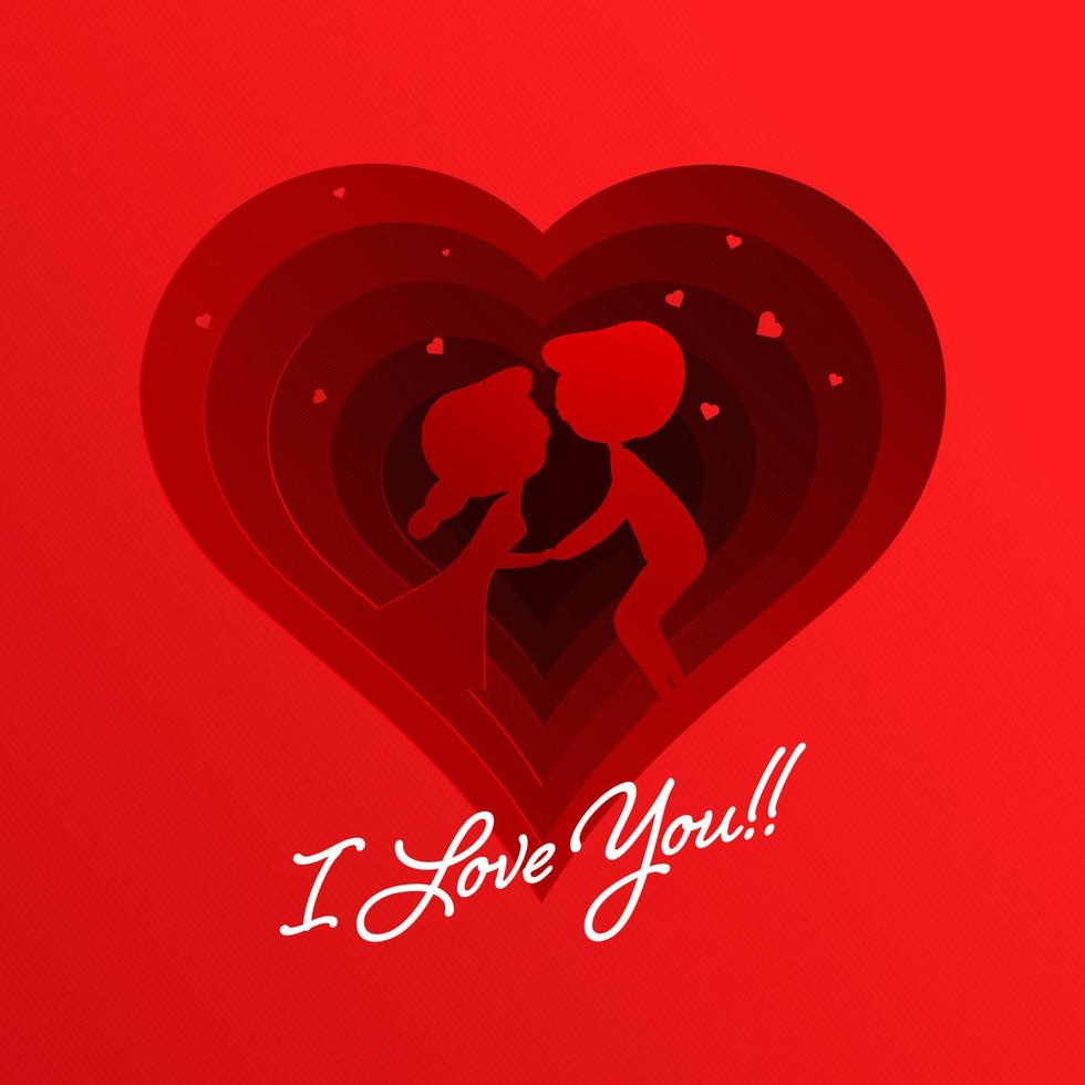 Red Paper Layer Cut Heart Shape Background with Silhouette Couple Kissing and I Love You Message Text. vector