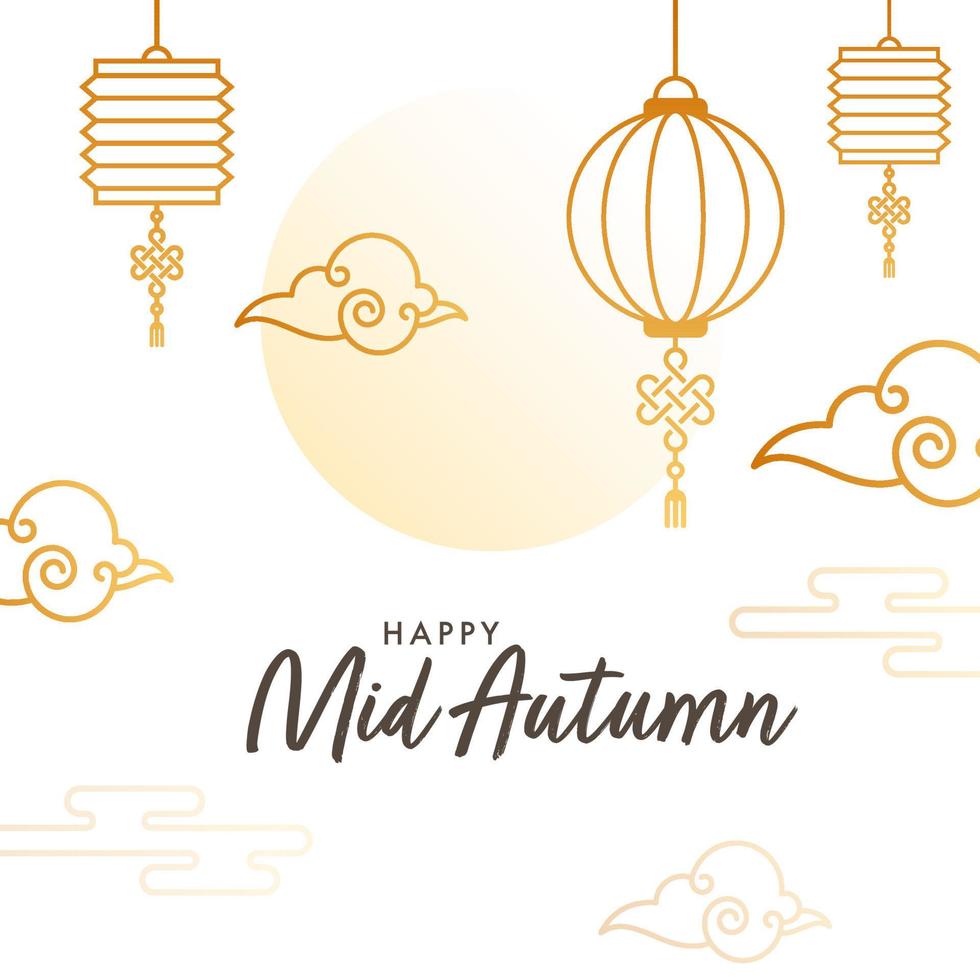 Happy Mid Autumn Font with Golden Line Art Chinese Lanterns and Clouds on Full Moon White Background. vector