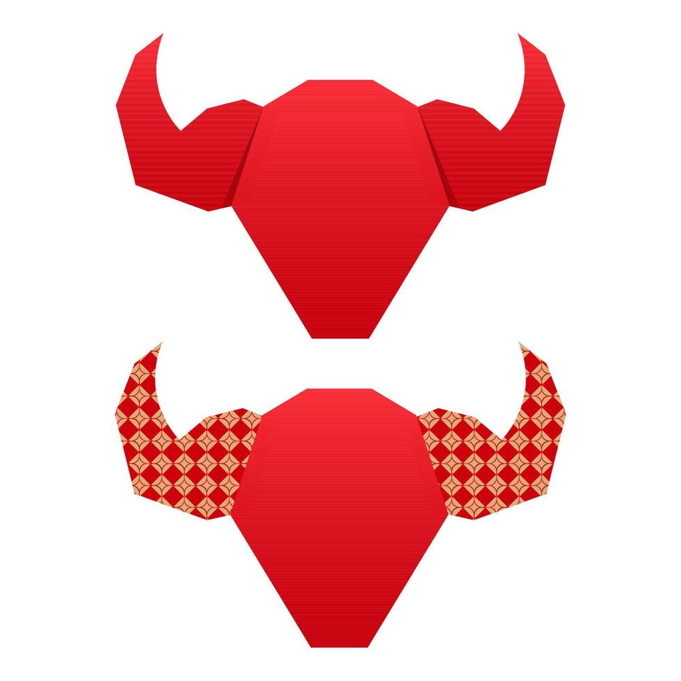 Red Origami Paper Ox Face Set On White Background. vector